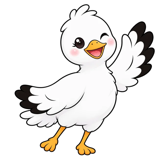Sam the BabyBound stork, waving